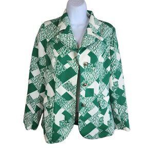 Vintage Groovy 70s Double Knit Polyester Jacket Green White M Gold Buttons